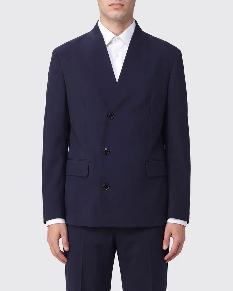 Giorgio Armani Zweireihiger Blazer aus reiner Schurwolle mit seitlicher Knopfleiste Blau