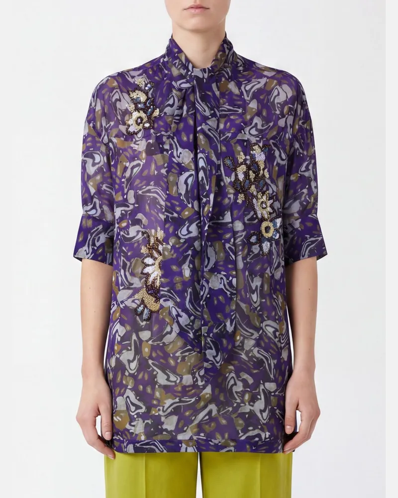 Dries van Noten Bedrucktes Kurzarmhemd mit floralen Applikationen Bunt