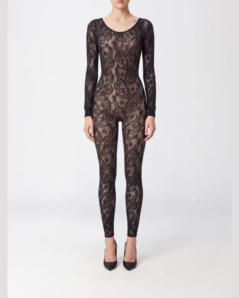Wolford Slim-Fit-Jumpsuit aus Spitze mit langen Ärmeln und Rundhalsausschnitt Schwarz