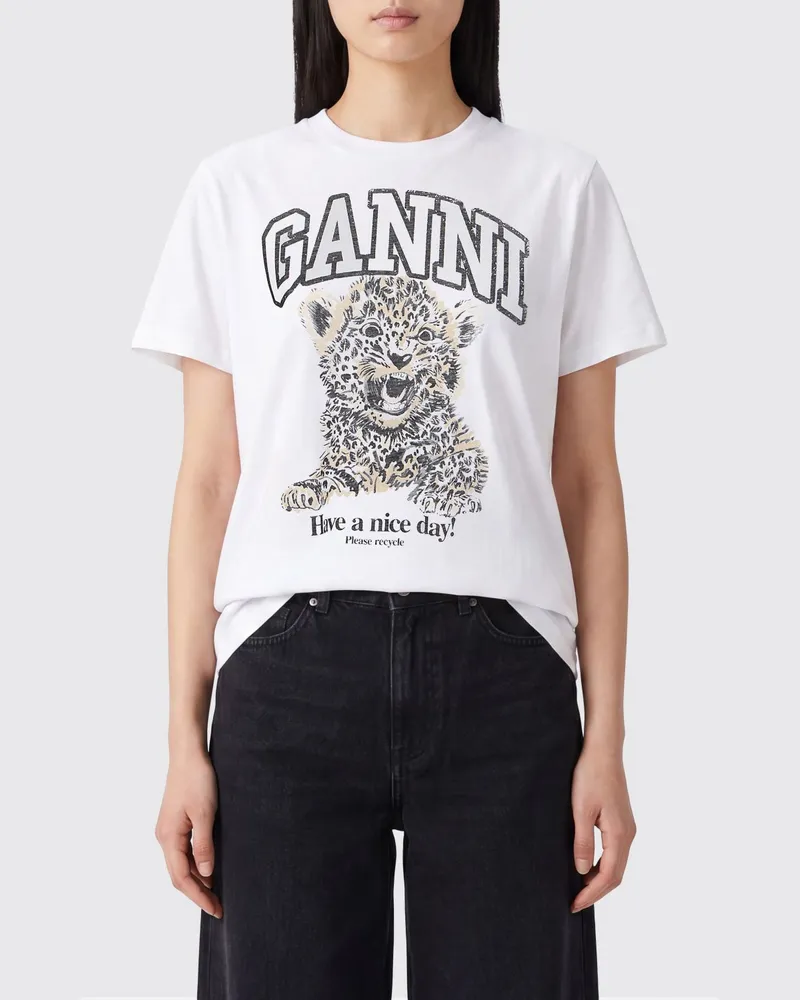 Ganni Baumwoll-T-Shirt mit Rundhalsausschnitt und grafischem Logo-Print Weiß