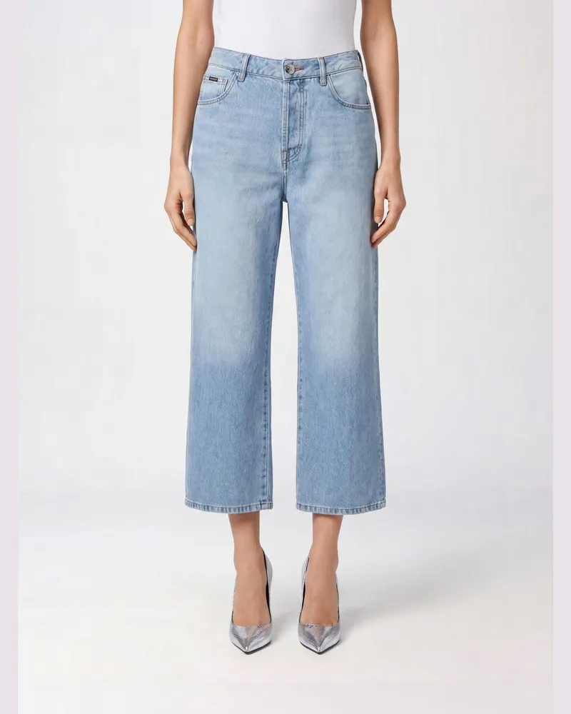 Philipp Plein High-Waist Cropped-Jeans aus Stretch-Denim mit weitem Bein Hellblau