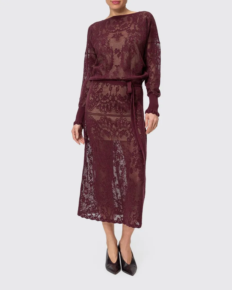 Twin-Set Midi-Strickkleid aus Baumwoll-Kaschmir-Mischung mit Ballonärmeln Burgunderrot