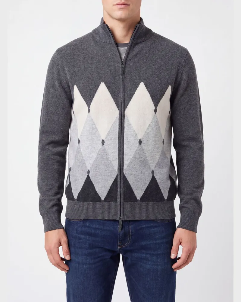 Ballantyne Argyle-Muster 100% Kaschmir-Reißverschluss-Cardigan Grau