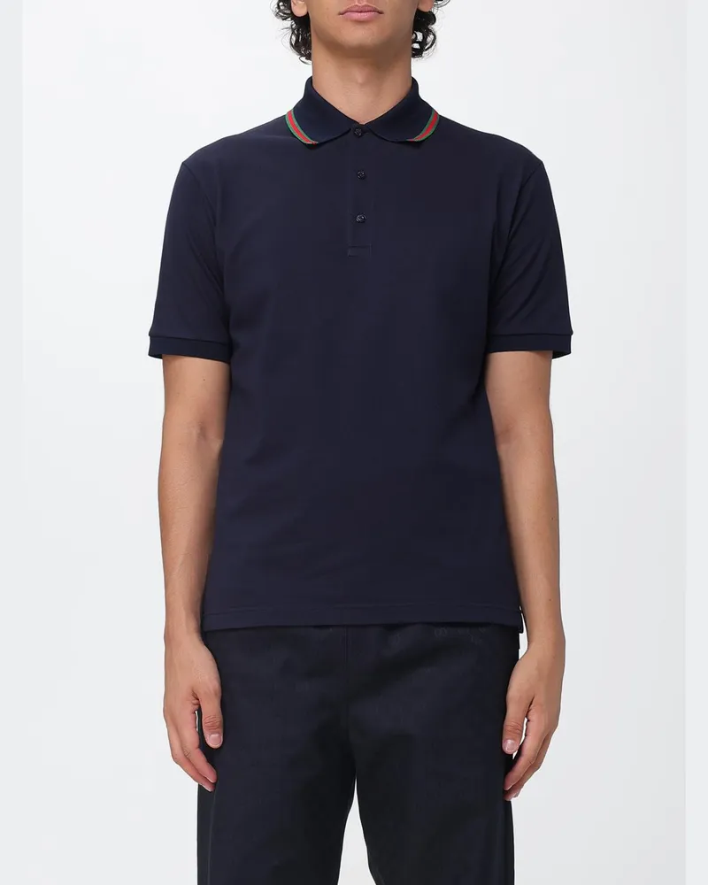 Gucci Kurzärmeliges Poloshirt aus Baumwolle mit Web-Detail und Kontrastbesatz Blau