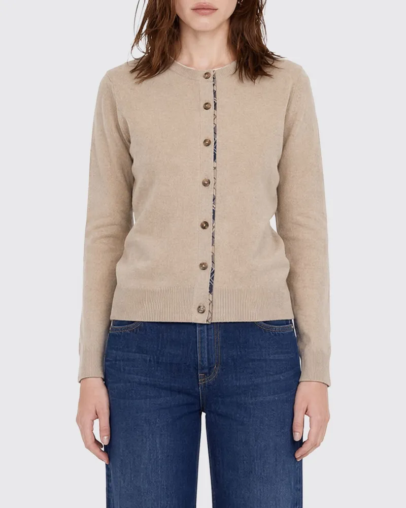 Barbour Rundhals-Cardigan aus Woll- und Baumwollmischung mit Kontrastbesätzen Beige