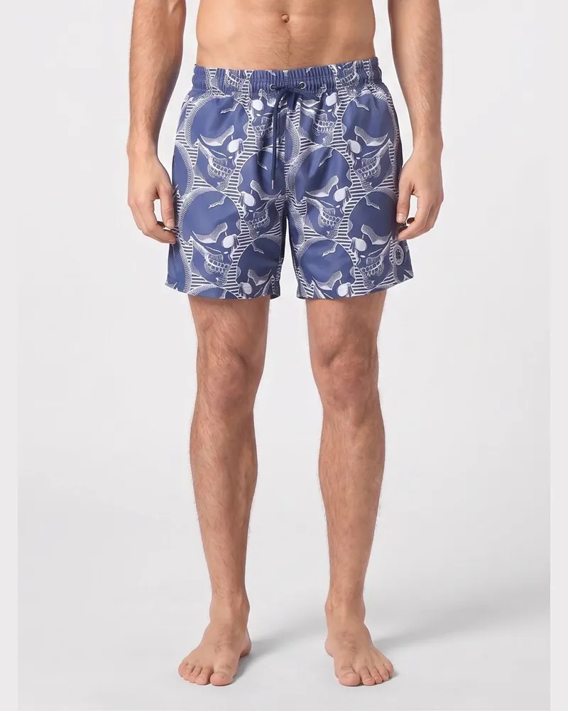 Philipp Plein Badeshorts aus Nylon von mit Allover-Skull-Print Blau