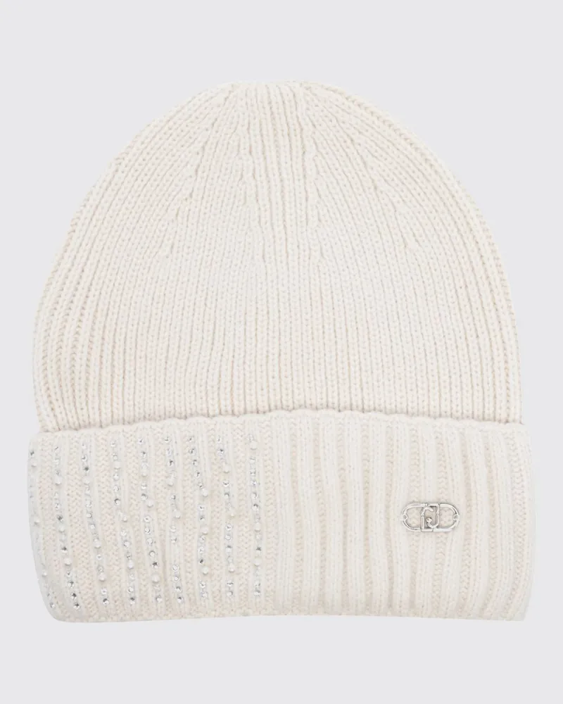 Liu Jo Gerippter Beanie mit Umschlag und Strass- und Perlenverzierungen Weiß