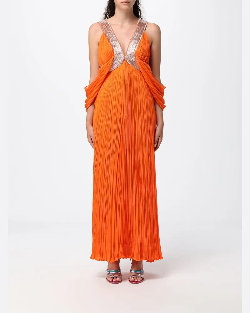 Alberta Ferretti Langer plissierter Seidenkaftan mit schulterfreiem Design Orange