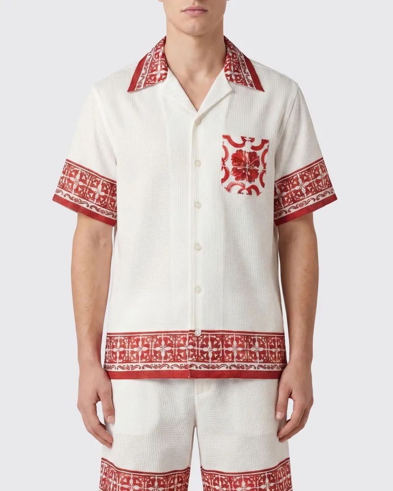 Dolce & Gabbana DOLCE  GABBANA Bowlinghemd aus Seide Dolce & Gabbana mit Majolika-Print und kubanischem Kragen Rot