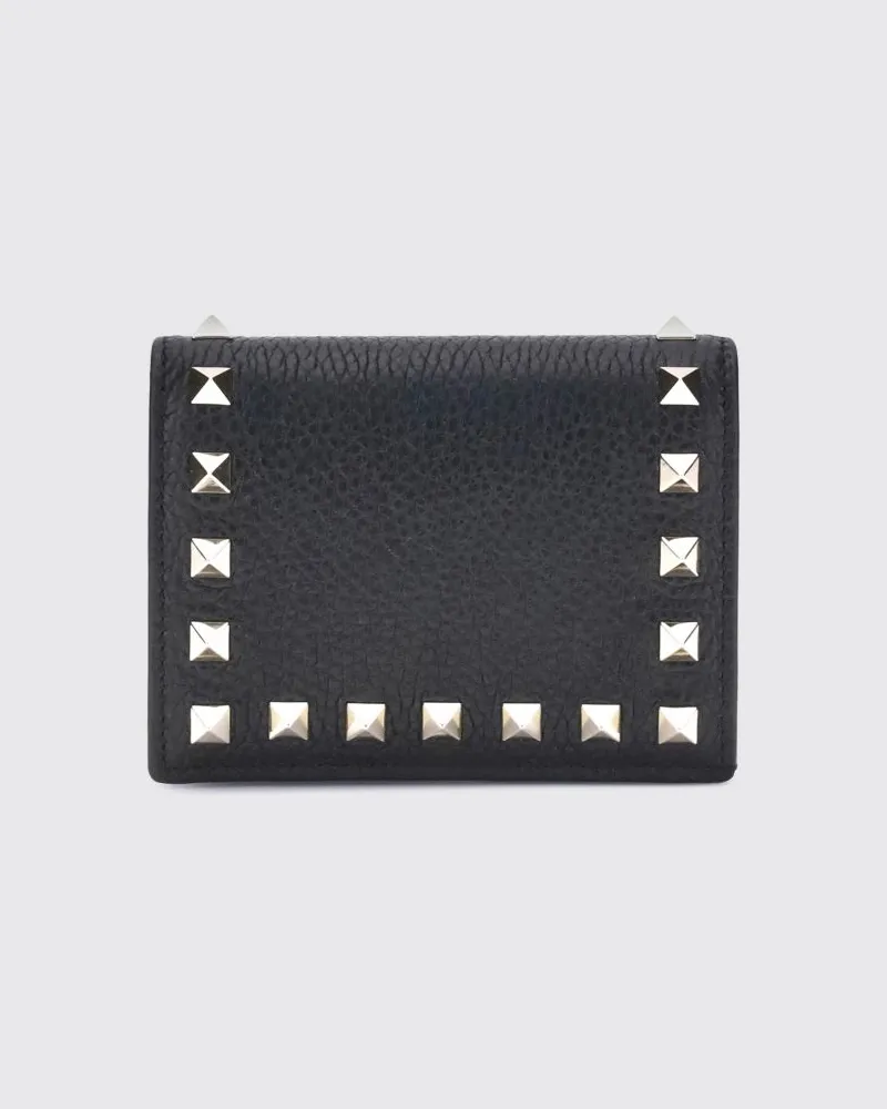 Valentino Garavani Kleines Bifold-Portemonnaie Rockstud aus genarbtem Kalbsleder mit Nieten Schwarz