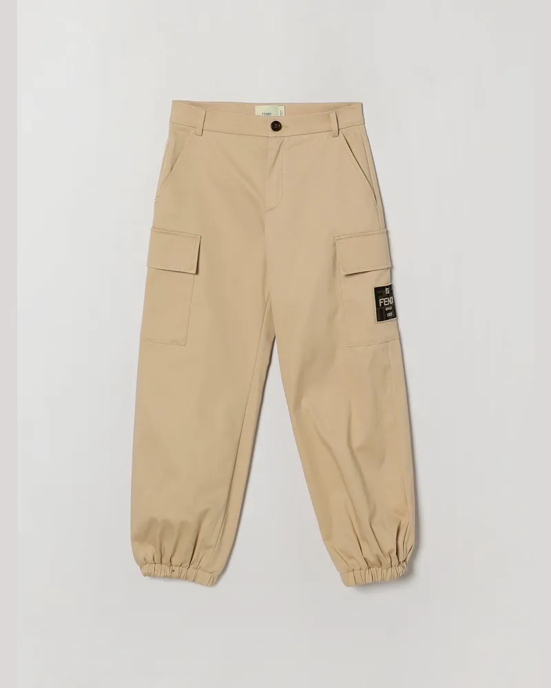 Fendi Cargo-Hose für Jungen aus Stretch-Baumwolle mit Seitentaschen und elastischen Bündchen Natural