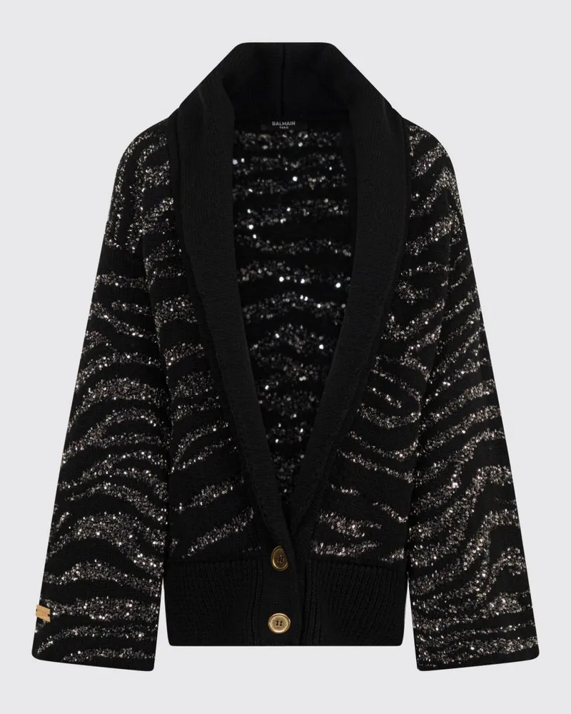 Balmain Woll-Cardigan für Jungen mit Zebramuster und Pailletten Schwarz