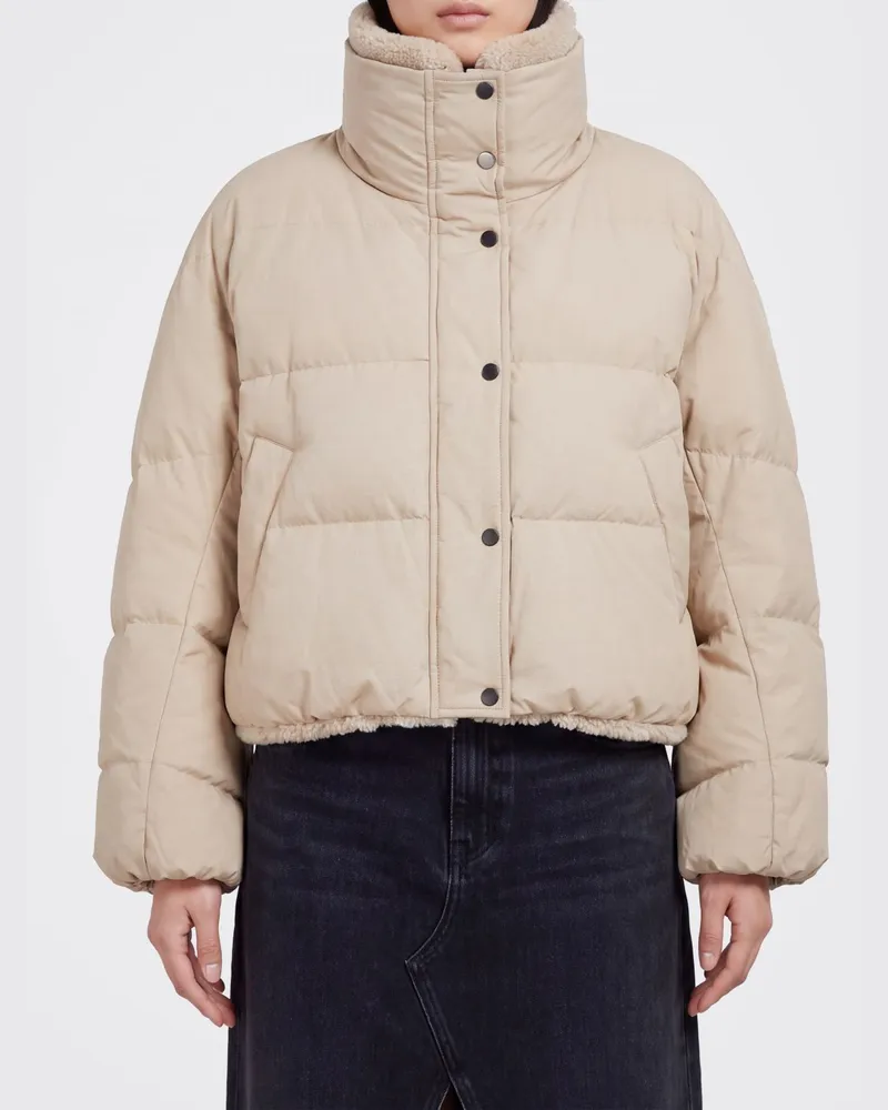 Brunello Cucinelli Kurze gesteppte Daunenjacke von aus Baumwolle mit Pelzkragen Beige