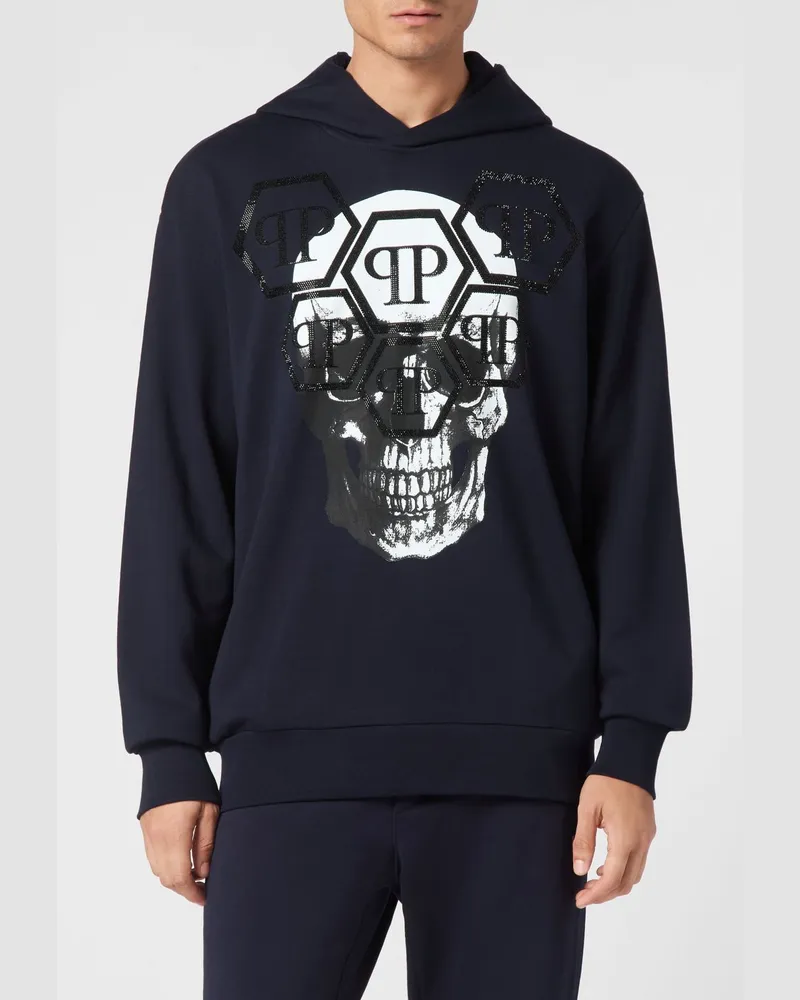 Philipp Plein Baumwoll-Hoodie mit Skull-Print und Strass-Logo Blau