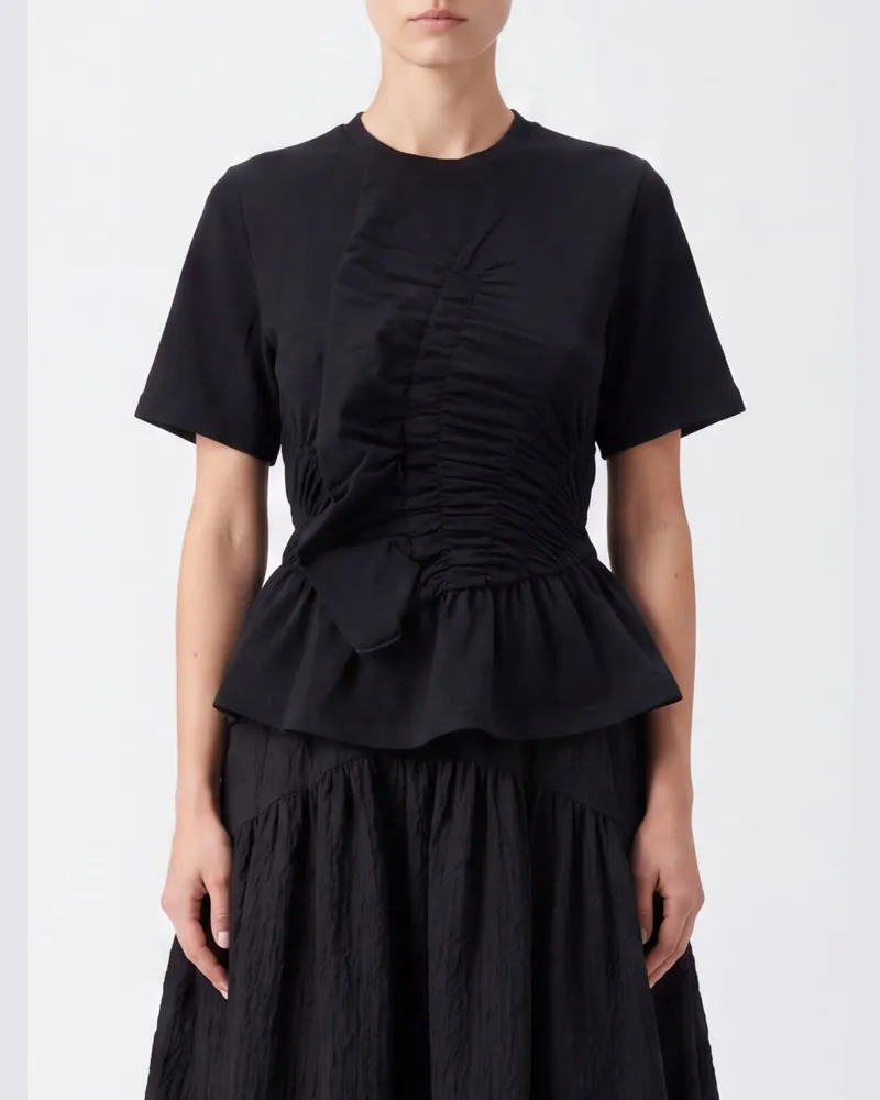 Cecilie Bahnsen Stretch-Baumwoll-T-Shirt mit kurzen Ärmeln und Raffungen Schwarz