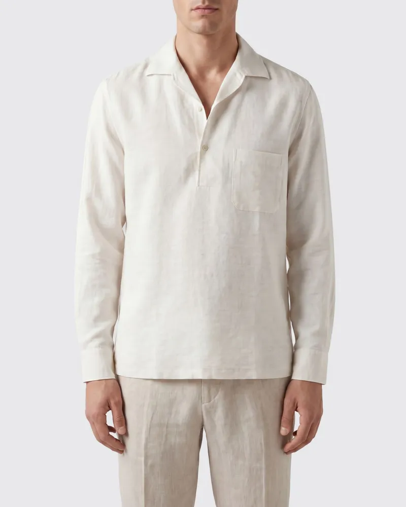 LARDINI Langärmeliges Poloshirt aus Leinen und Kaschmir von mit kubanischem Kragen Sand