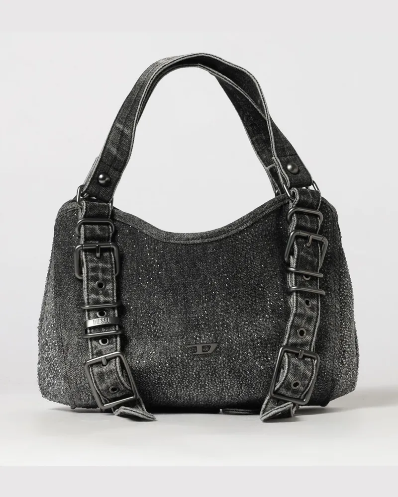 Diesel D-One Handtasche aus Stone-Washed-Denim mit Strasssteinen und Oval-D-Logo Schwarz