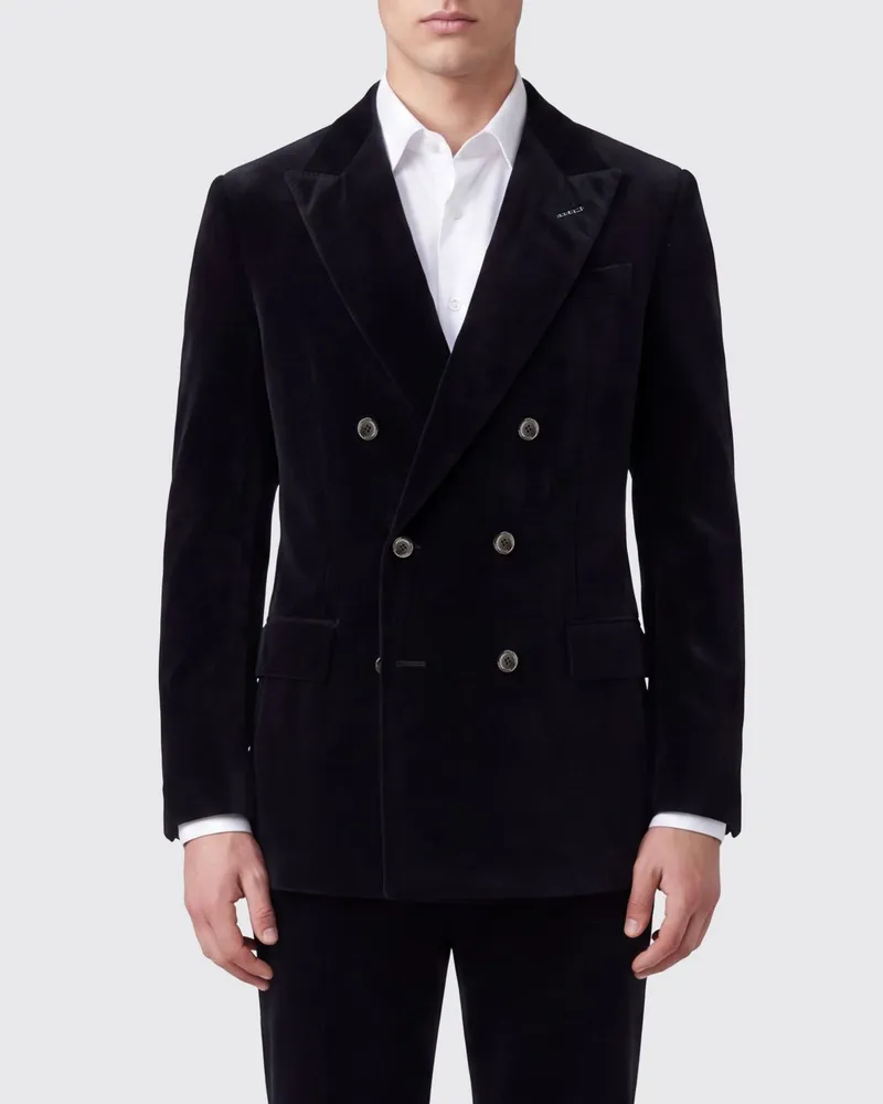 Tom Ford Zweireihiger Baumwollsamt-Blazer mit Spitzrevers Schwarz