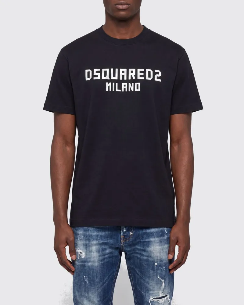 Dsquared2 Kurzärmeliges Baumwoll-T-Shirt mit kontrastierendem Logo-Print Schwarz