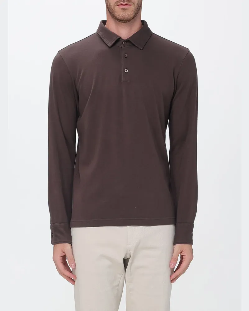 Zanone Langärmeliges Baumwoll-Poloshirt mit Rippkragen und drei Knöpfen Ebony