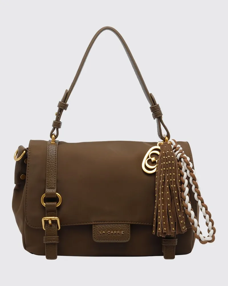 LA CARRIE Atena Schultertasche aus Nylon mit Lederbesatz Braun