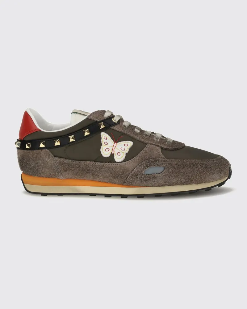 Valentino Garavani Stud Up Sneaker aus Veloursleder und Nylon mit Schmetterlingsstickerei Beige