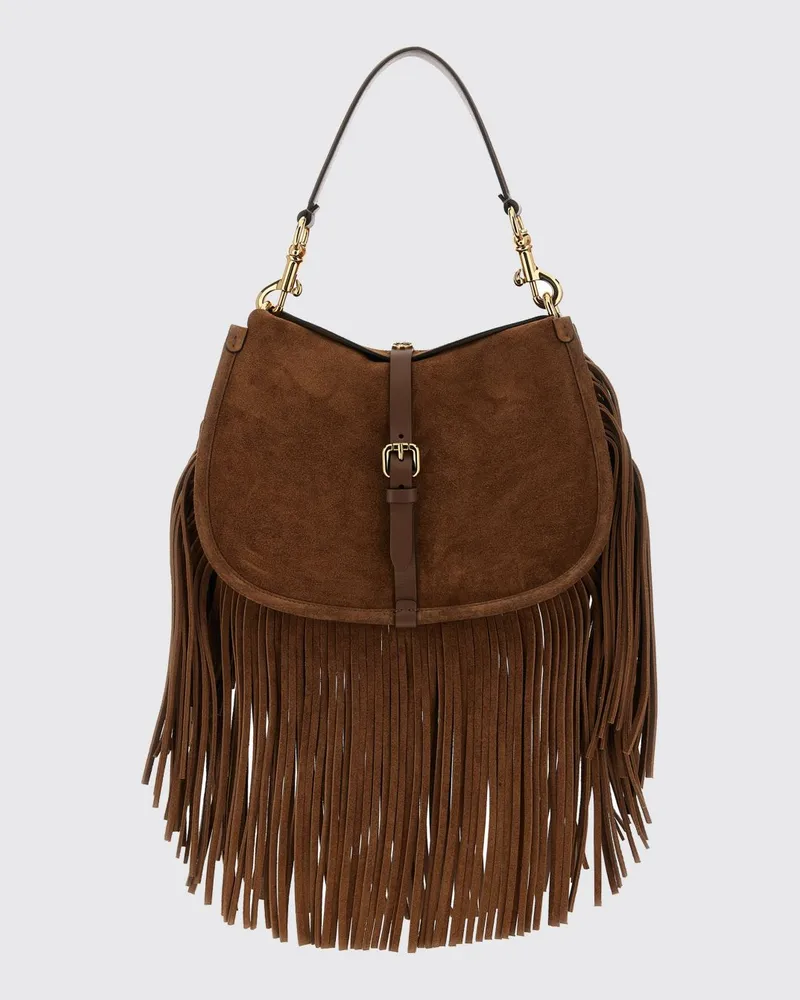 Etro Pony Wildleder-Schultertasche mit Fransen und Pegaso-Logo Beige