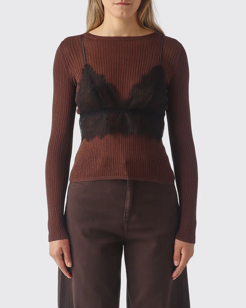 Twin-Set Pullover mit Rundhalsausschnitt aus Baumwoll-Seiden-Mischung und Rippbündchen Kaffee