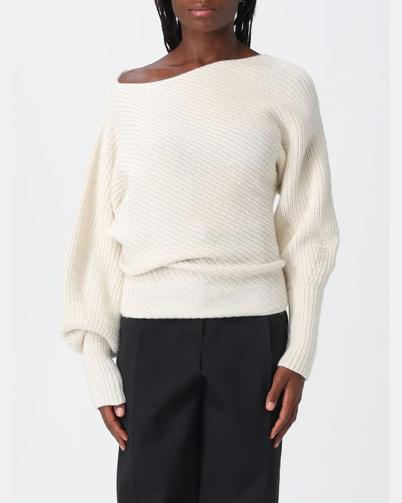Alberta Ferretti Drapierter Pullover aus Wolle und Seide mit asymmetrischem Ausschnitt Weiß