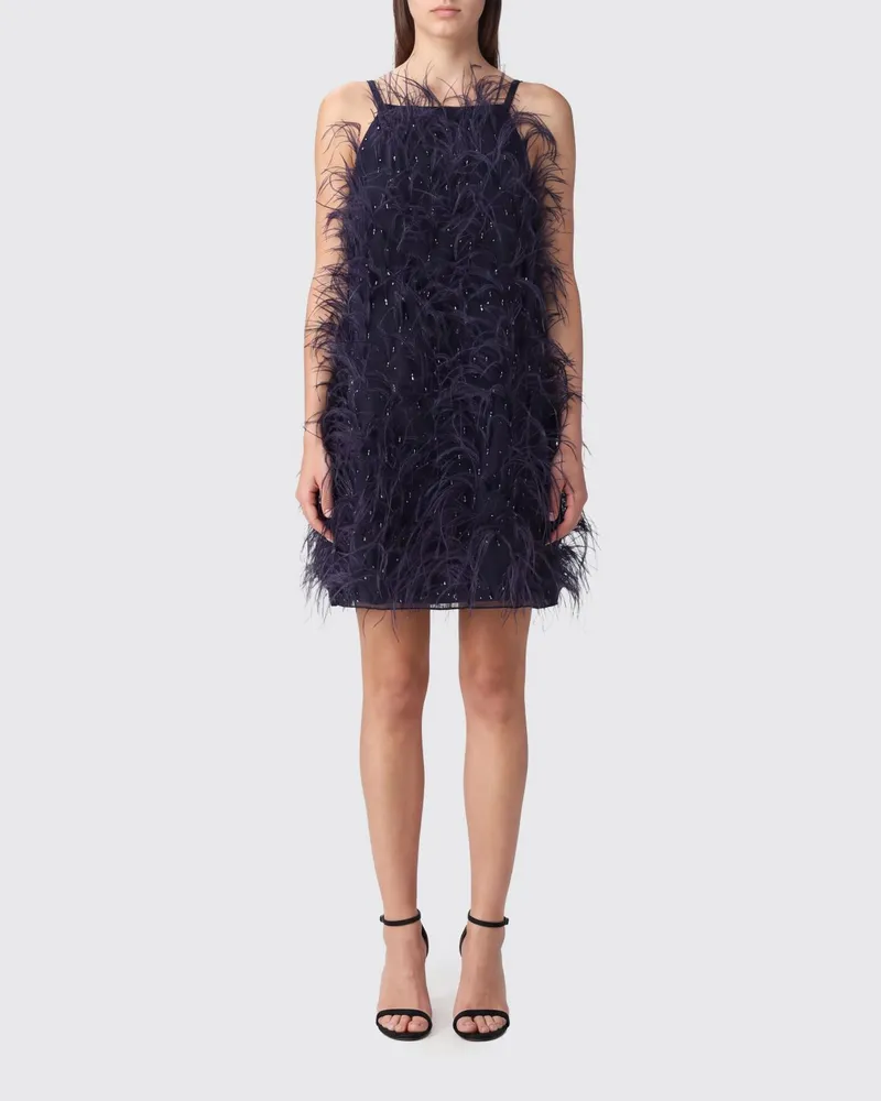 Pinko Georgette-Minikleid für festliche Anlässe von mit Federn und Perlen Blau