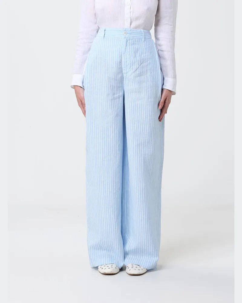 120% Lino Gestreifte weite Leinenhose Hellblau