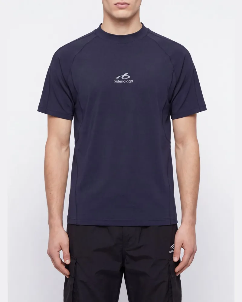 Balenciaga Slim Fit T-Shirt aus Stretch-Polyamid mit Kontrast-Logo Navy