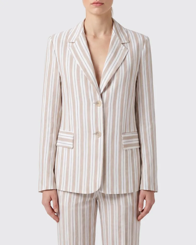 Semicouture Gestreifter Einreiher-Blazer aus reinem Leinen mit Revers Nude