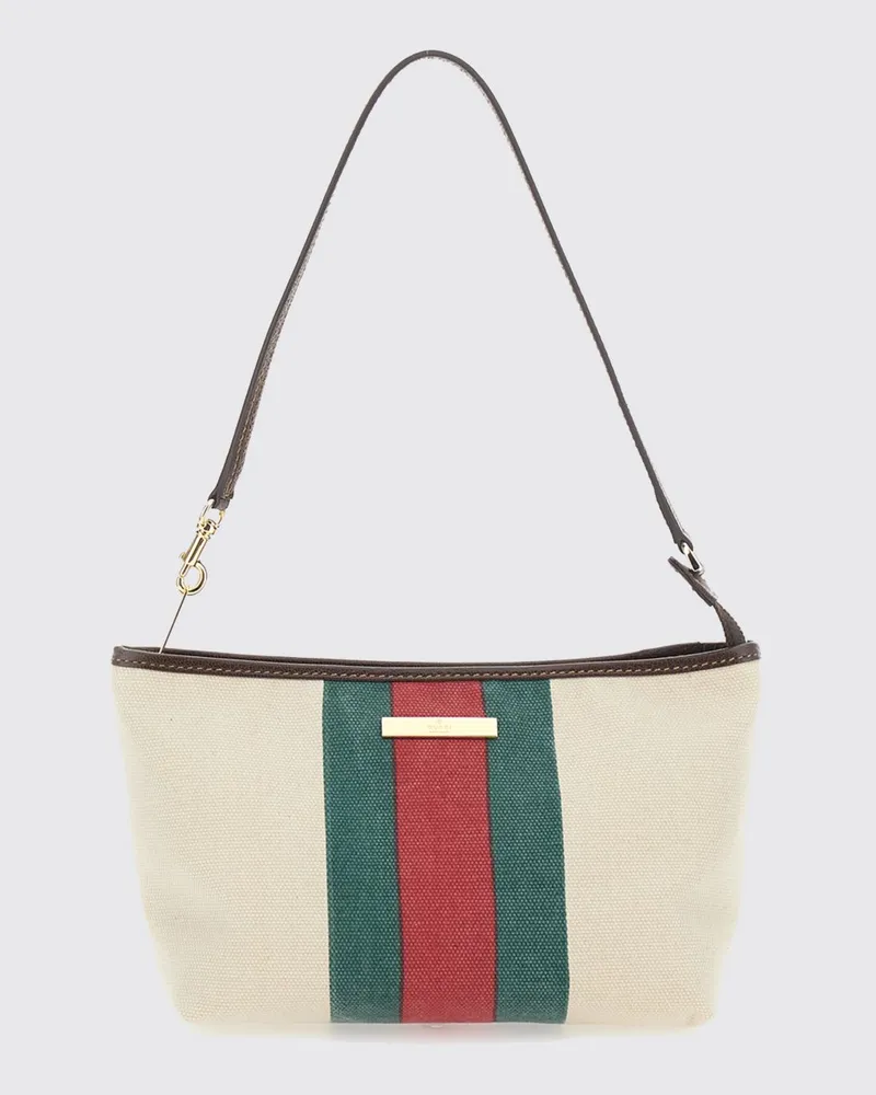 Gucci Mini-Schultertasche aus Baumwoll-Canvas mit Web-Streifen und Ledergriff Weiß