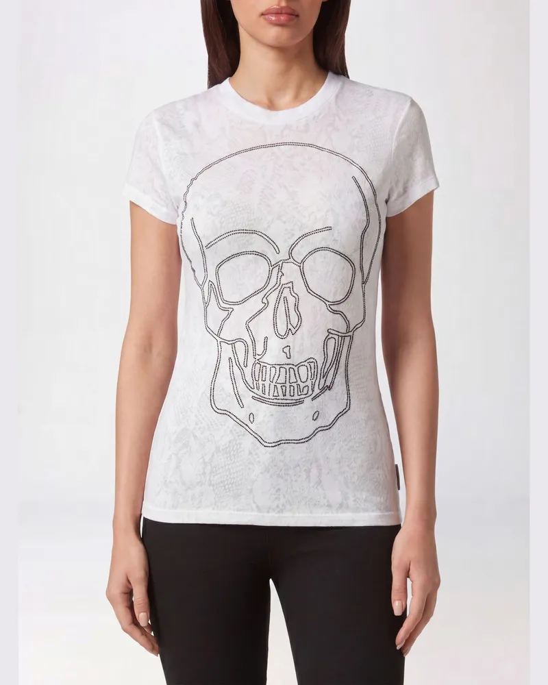 Philipp Plein Slim-Fit-Baumwoll-T-Shirt mit Totenkopf-Print und Strass Weiß