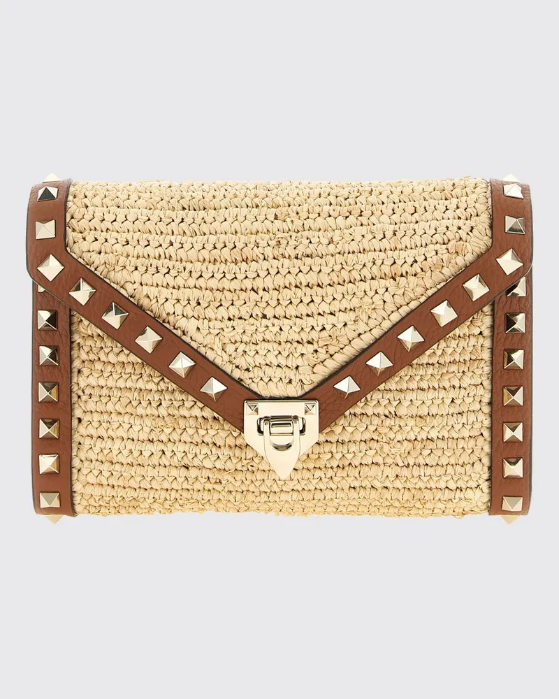 Valentino Garavani Rockstud Pouch aus Bast und Leder Beige