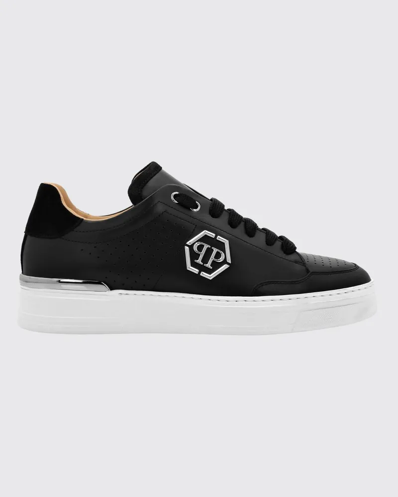 Philipp Plein Low-Top Sneakers aus Leder mit Monogramm-Muster und appliziertem Hexagon-Logo Schwarz