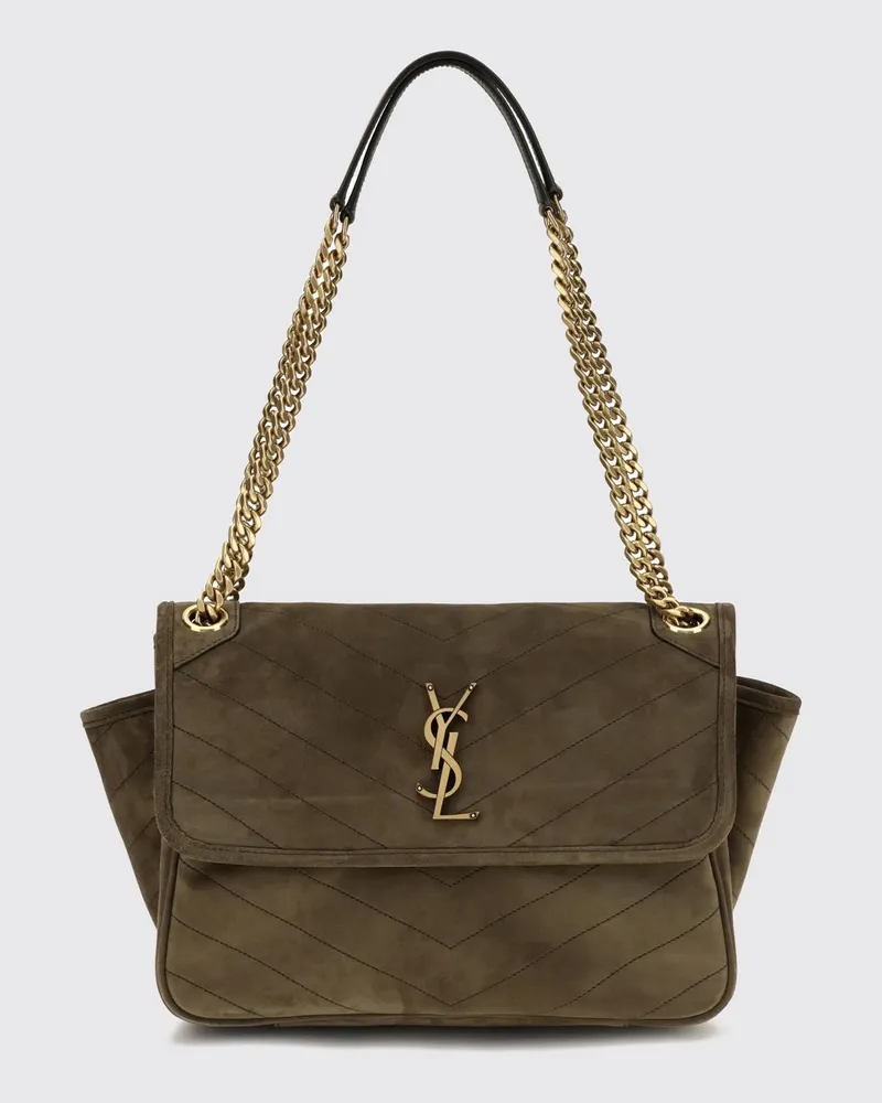 Saint Laurent Niki Gesteppte Schultertasche aus Veloursleder mit YSL-Logo Moosgrün
