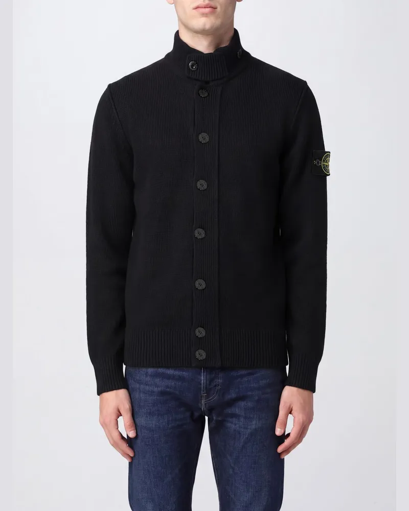 Stone Island Strickjacke aus Schurwollmischung mit Stehkragen und Logo-Patch Schwarz