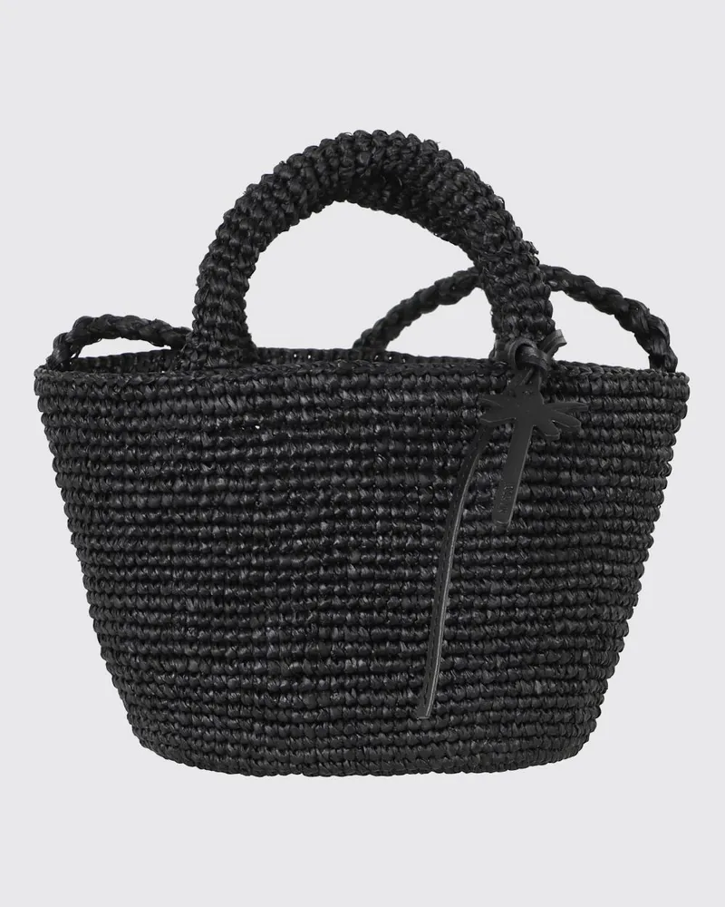 Manebí Kleine Häkel-Handtasche von aus Raffia mit Logo-Anhänger Schwarz