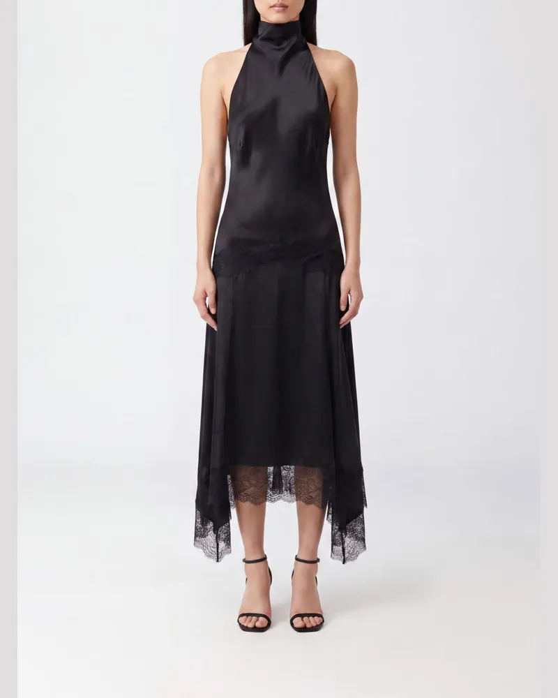 ANDAMANE Asymmetrisches Satin-Midikleid Tish mit Neckholder und Spitze Schwarz