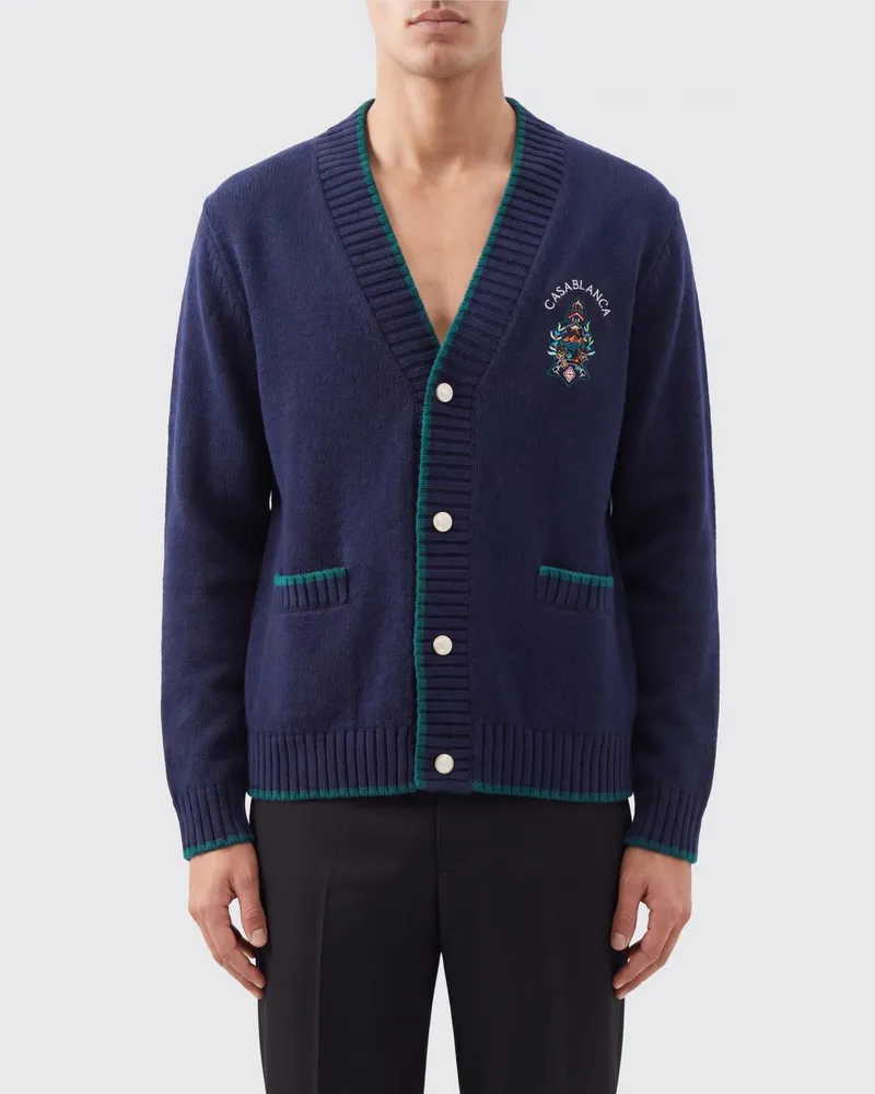 Casablanca Paris V-Ausschnitt-Cardigan aus Wolle und Kaschmir mit Jacquard-Logo Blau