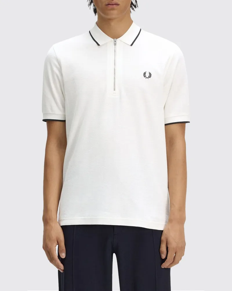 Fred Perry Baumwoll-Poloshirt mit halbem Reißverschluss und kontrastierendem Logo-Stick Weiß