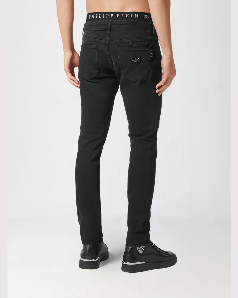Philipp Plein Slim Fit Skinny Jeans aus Baumwolldenim mit Metall-Logo-Plakette Schwarz