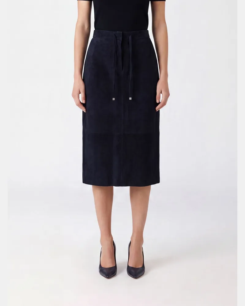 Max Mara A-Linien-Midirock aus Veloursleder mit Kordelzug in der Taille Blau