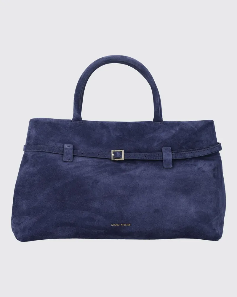 Manu Atelier Le Cambon 35 Handtasche aus Leder und Veloursleder mit doppeltem Henkel Navy