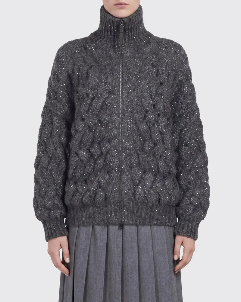 Brunello Cucinelli Cardigan aus Mohairwolle in Lochstrick mit Reißverschluss Grau