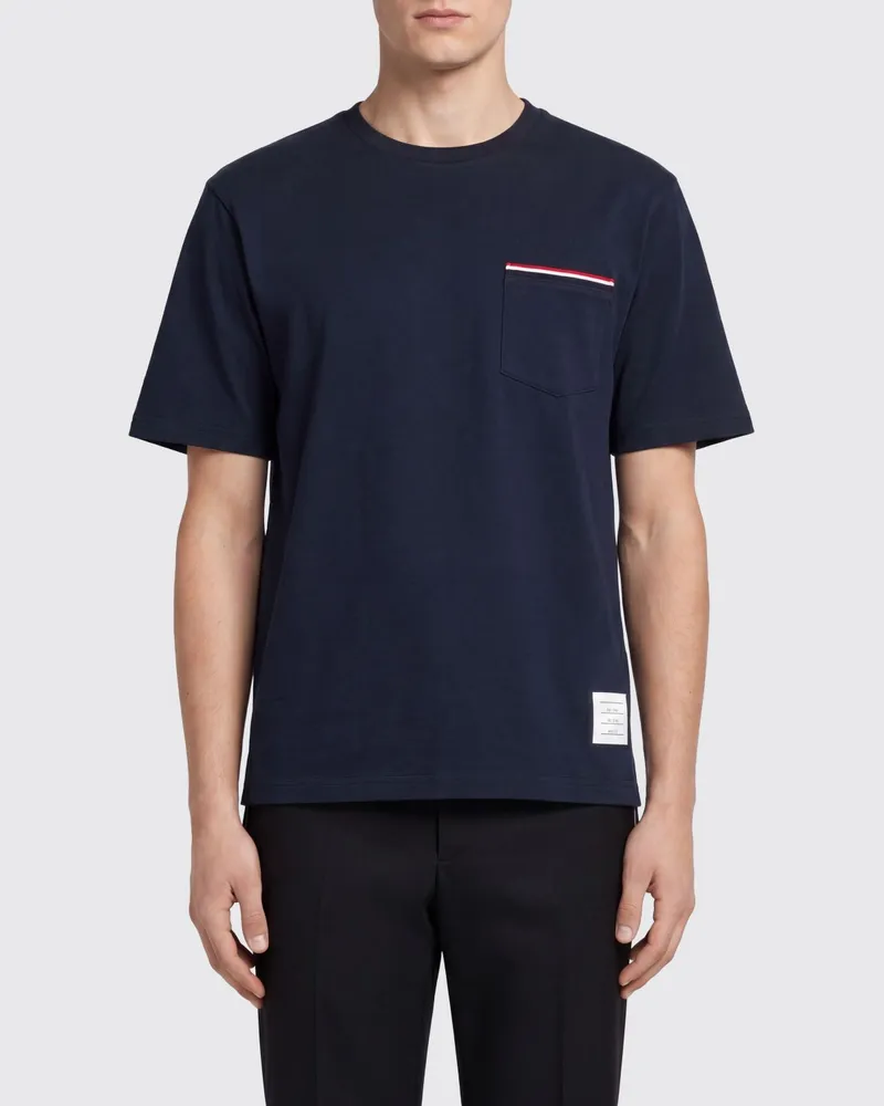 Thom Browne Bar-T-Shirt aus Baumwolle mit aufgesetzter Tasche Blau