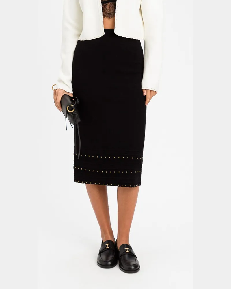 Twin-Set Slim Fit Midi-Strickrock mit Nieten und hoher Taille Schwarz