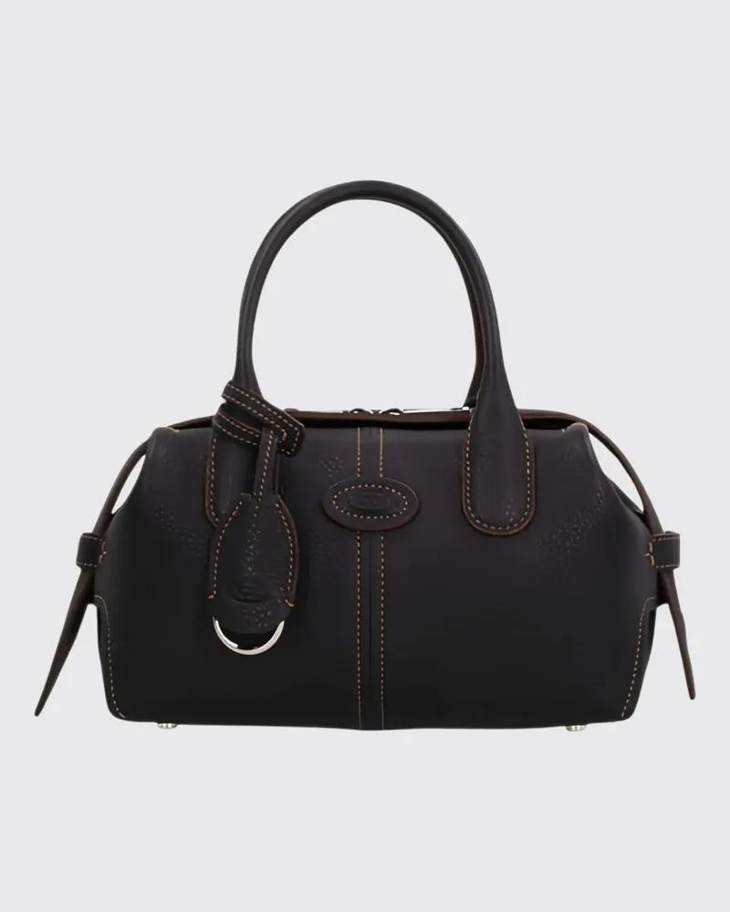 TOD'S Kleine Boston-Tasche von aus genarbtem Kalbsleder mit Anhänger Schwarz